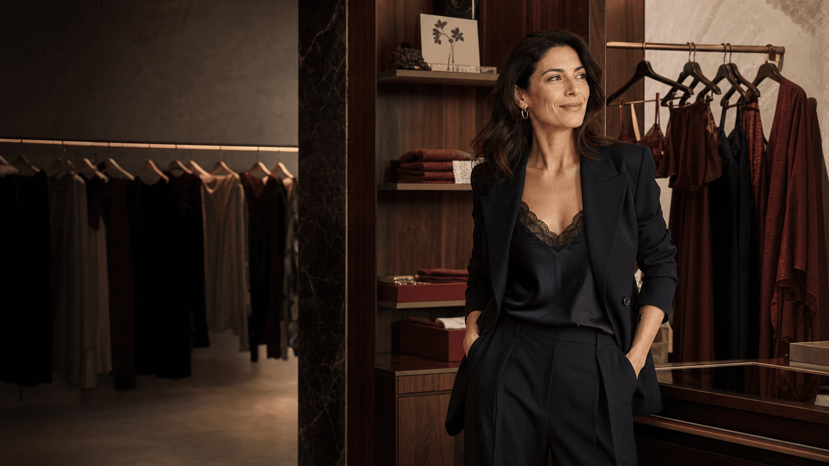 Una donna indossa un completo nero nella boutique Paprika